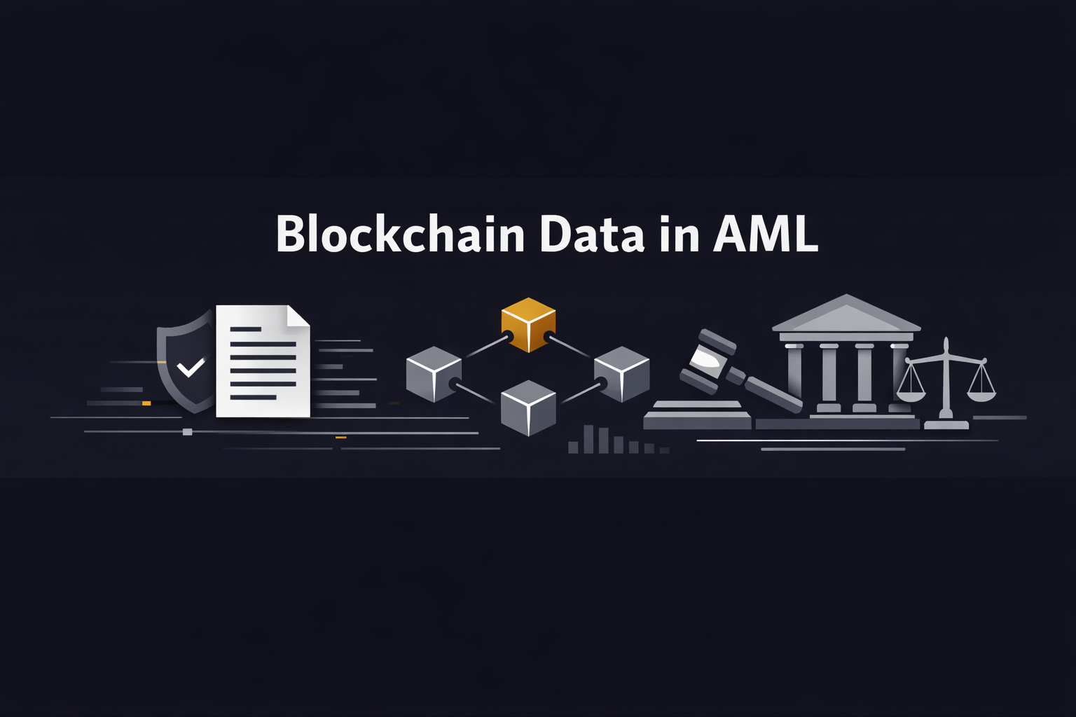 Minimalist AML compliance header illustrating blockchain data analysis, governance documentation, and regulatory oversight through abstract geometric systems and institutional symbols on a dark background.