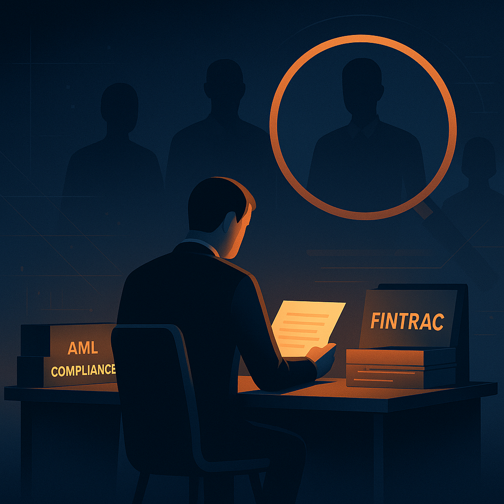 ChatGPT said:  Alt text: “Stylized digital illustration showing a compliance officer reviewing documents labeled AML Compliance and FINTRAC under a warm orange light, with calm shadowy examiner silhouettes in the background and a large magnifying glass symbolizing regulatory oversight. The scene uses dark navy and orange tones, conveying professionalism and focus.