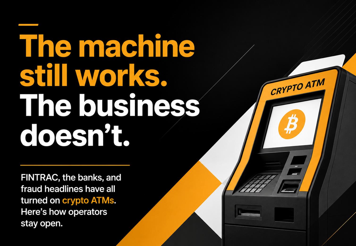 Illustration comparing the compliance risks facing Canadian crypto ATM operators, including FINTRAC scrutiny, fraud exposure, and the business model changes needed to stay registered and compliant Illustration comparing the compliance risks facing Canadian crypto ATM operators, including FINTRAC scrutiny, fraud exposure, and the business model changes needed to stay registered and compliant.