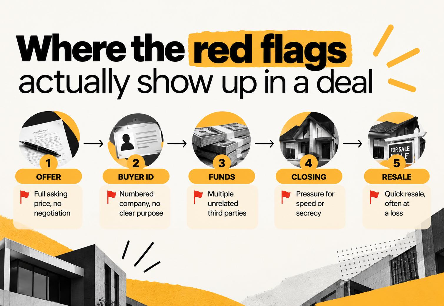 FINTRAC real estate AML red flags infographic showing five warning signs across a property transaction: full asking price with no negotiation, numbered company with no clear purpose, unrelated third-party funds, pressure for a fast or secret closing, and quick resale at a loss.