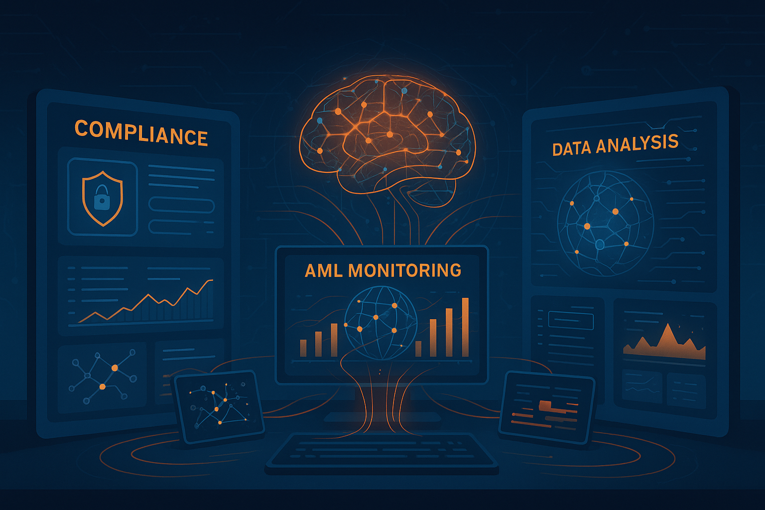 AI-powered compliance control room with glowing dashboards and a central holographic brain symbolizing machine learning intelligence. Multiple screens display AML monitoring, data analysis, and compliance metrics in blue, gray, and orange tones, representing automated oversight and regulatory technology in action.