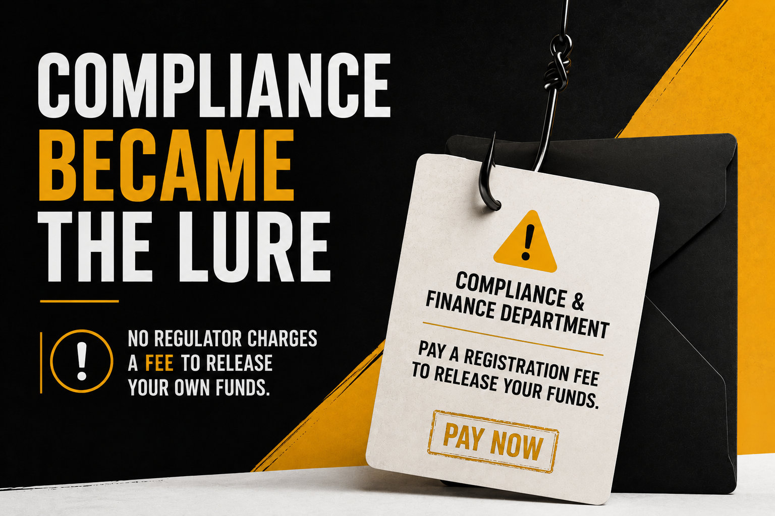 AML Incubator graphic warning about a FINTRAC registration fee scam, showing a fake compliance department request to pay a registration fee to release funds and emphasizing that legitimate FINTRAC registration fees for private individuals do not exist.