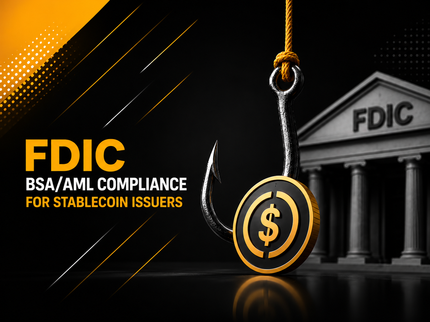 Infographic showing FDIC proposed BSA/AML compliance requirements for stablecoin issuers including sanctions screening, named compliance officer, and program documentation standards