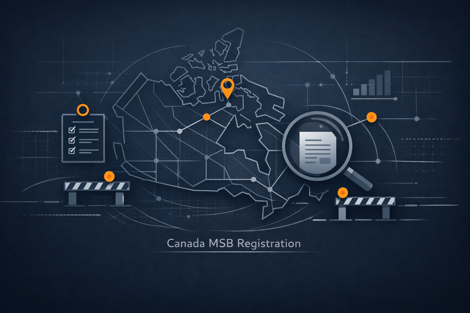 Illustration showing Canada with compliance documents and review symbols, representing MSB registration and regulatory scrutiny in Canada.