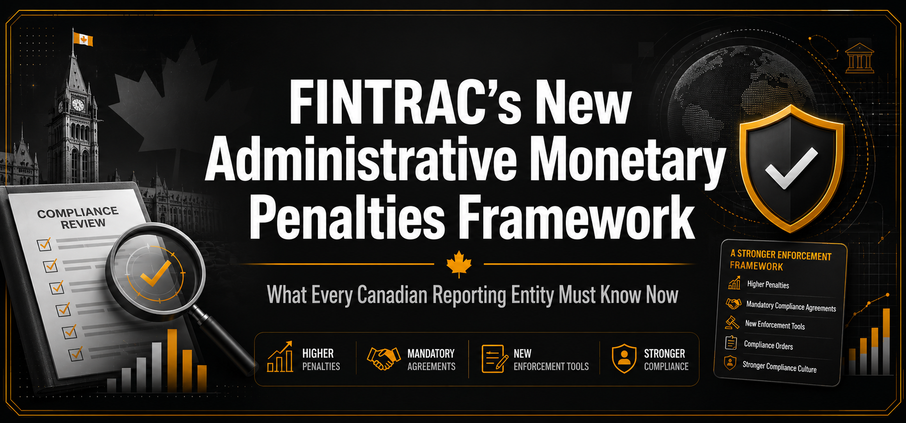 Compliance professional reviewing FINTRAC administrative monetary penalty notice and updated AMP framework documents at a desk, representing audit readiness and regulatory response for Canadian reporting entities under the PCMLTFA