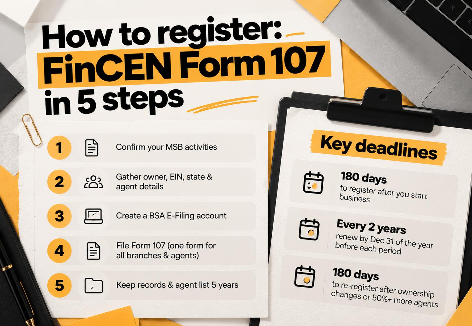Five steps to file FinCEN Form 107 for MSB registration, with key deadlines: register within 180 days, renew every two years, re-register within 180 days after changes