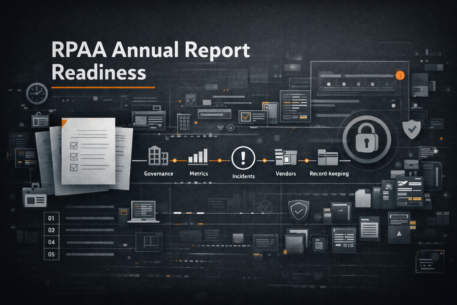 Minimalist compliance header illustrating RPAA annual reporting and supervisory review through abstract institutional shapes on a dark background.