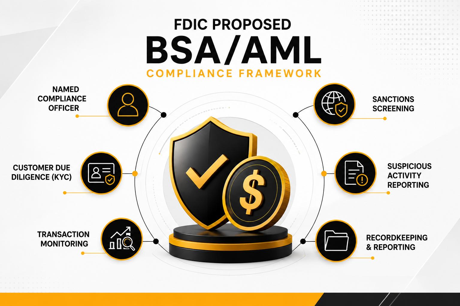 FDIC proposed BSA AML compliance framework for stablecoin issuers showing compliance officer, KYC, transaction monitoring, sanctions screening, suspicious activity reporting, and recordkeeping requirements.