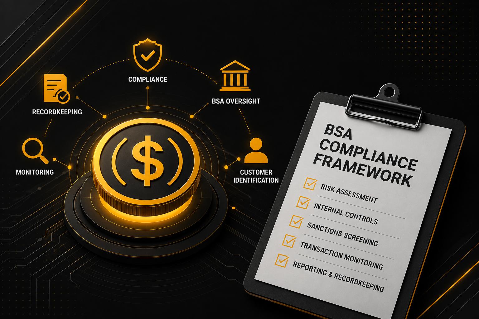 Infographic illustrating the Bank Secrecy Act (BSA) compliance framework for stablecoin issuers under the GENIUS Act. A digital stablecoin sits at the center of key AML compliance functions, including transaction monitoring, customer identification (CIP/KYC), recordkeeping, regulatory oversight, and sanctions compliance. A compliance checklist highlights risk assessment, internal controls, sanctions screening, transaction monitoring, and reporting obligations for U.S. stablecoin issuers preparing for FinCEN BSA requirements