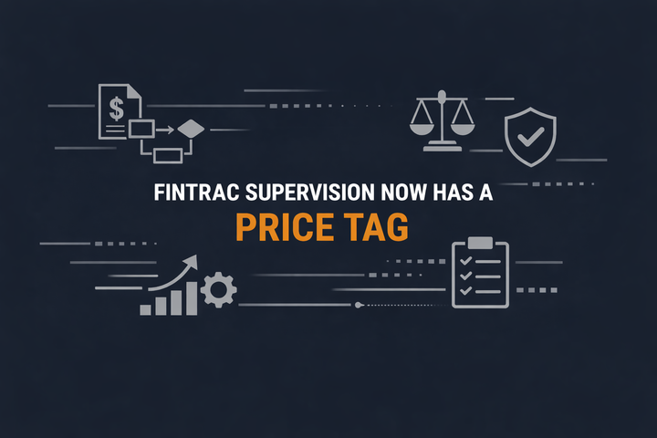 Minimal, enterprise-style blog header on a dark background. The centered headline reads “FINTRAC SUPERVISION NOW HAS A PRICE TAG,” with “PRICE TAG” in orange. Subtle grey compliance symbols (invoice, scales, checklist, shield, and flow lines) sit around the headline, suggesting a regulatory cost-recovery framework.