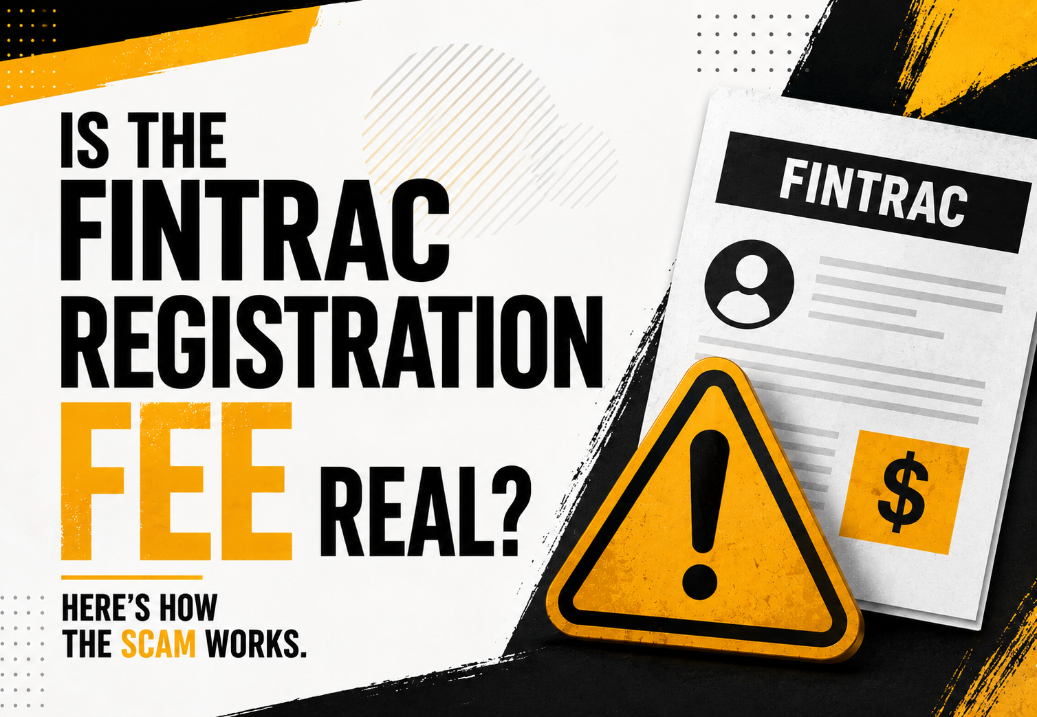 AML Incubator FINTRAC registration fee scam warning explaining that there is no legitimate FINTRAC registration fee, with a fake compliance department crypto payment alert requesting a fee to release funds and a warning that the request is a scam.