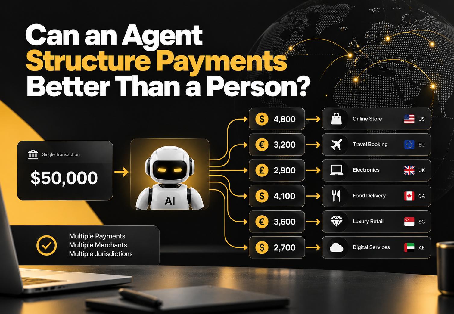 Agentic payments AML compliance graphic showing an AI agent making autonomous purchases while a customer sleeps, raising questions about KYC, customer identity and transaction monitoring for MSBs and PSPs.