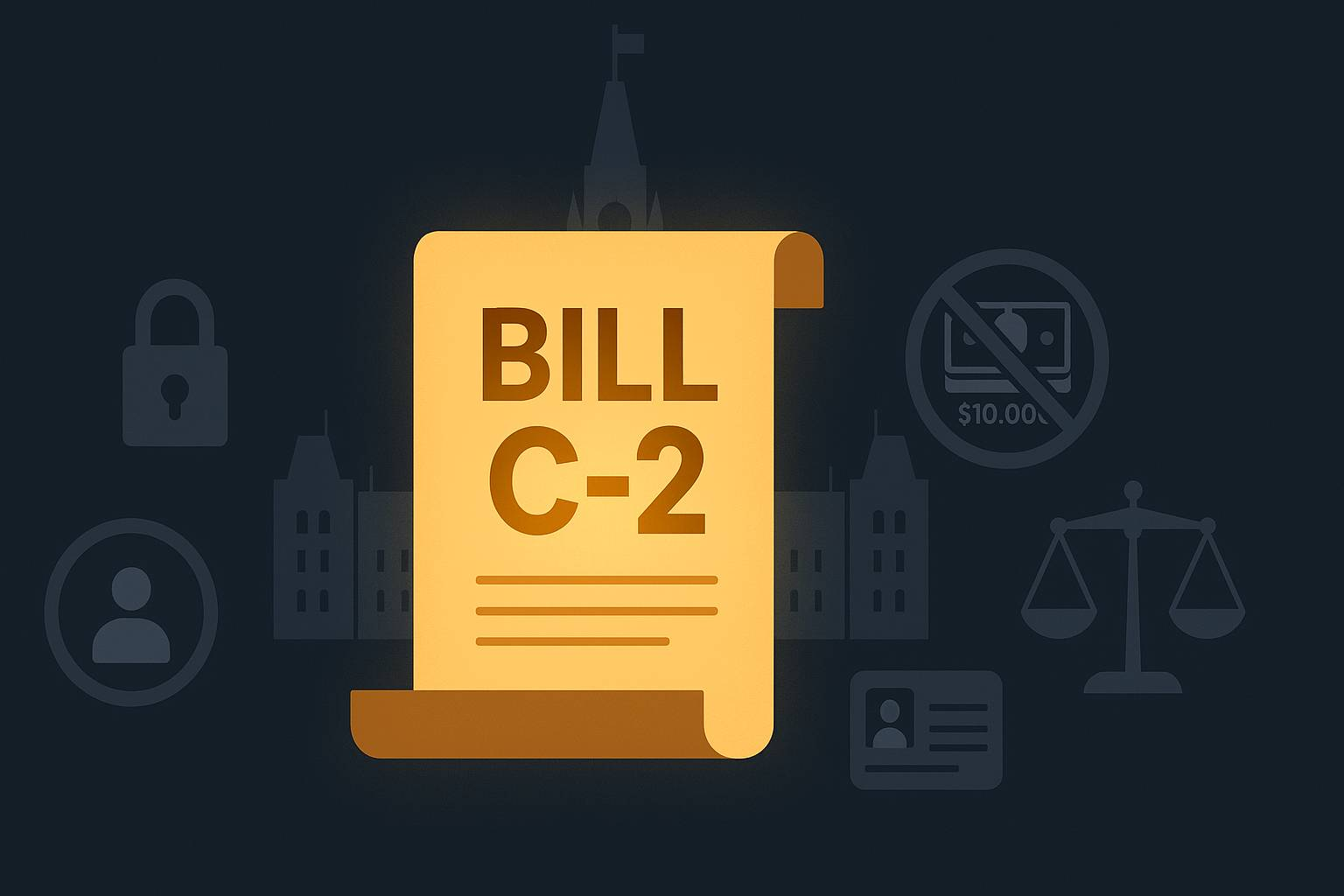 Flat design digital illustration showing “Bill C-2 Strong Borders Act” in bold, with Canadian Parliament and security shield motifs. The image highlights key AML/ATF reforms under Canada’s proposed legislation, including stricter FINTRAC penalties, universal registration, cash transaction restrictions, and effective compliance program requirements.