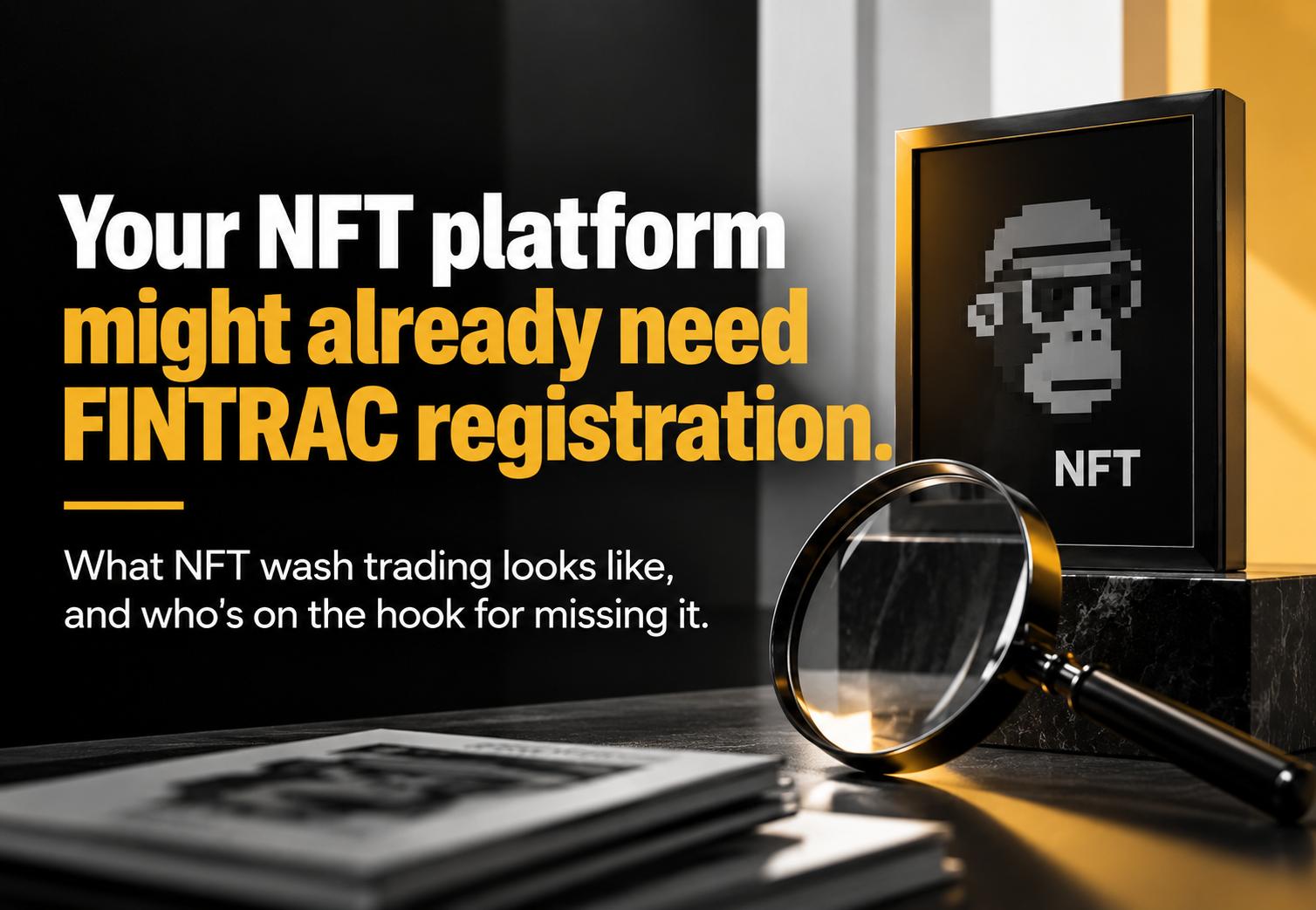 FINTRAC registration and NFT wash trading compliance graphic showing an NFT under investigation, highlighting AML requirements for NFT platforms and who may be responsible for detecting suspicious transactions in Canada