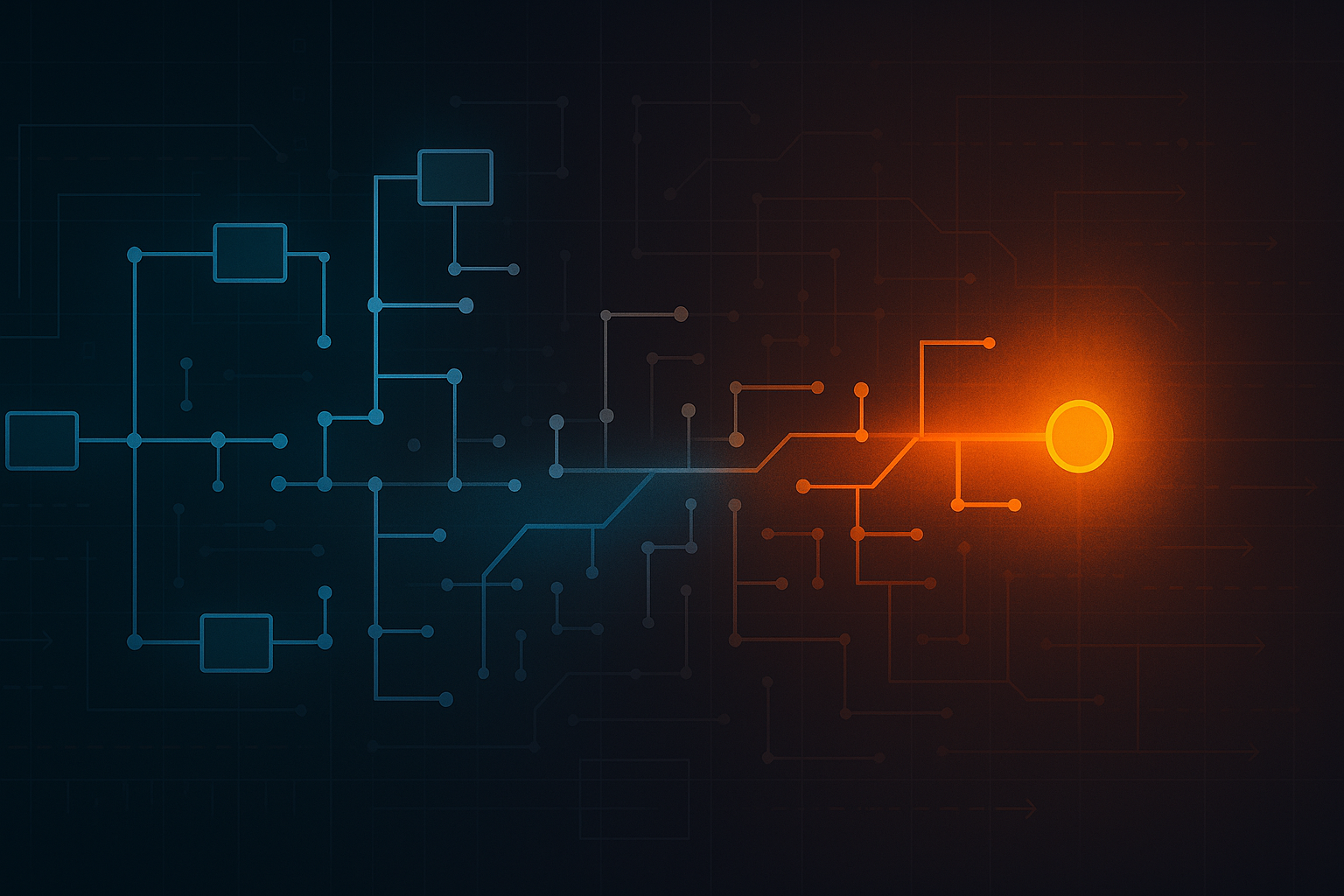 A dark navy compliance-style background displays a dense, branching AI decision tree. The left side features blue geometric nodes and data pathways, gradually transitioning into orange as risk increases. The structure becomes more concentrated toward the right, culminating in a bright orange highlighted node representing a key risk decision point. Subtle ledger-grid patterns and faint directional data lines appear in the background, enhancing the technical and regulatory theme.