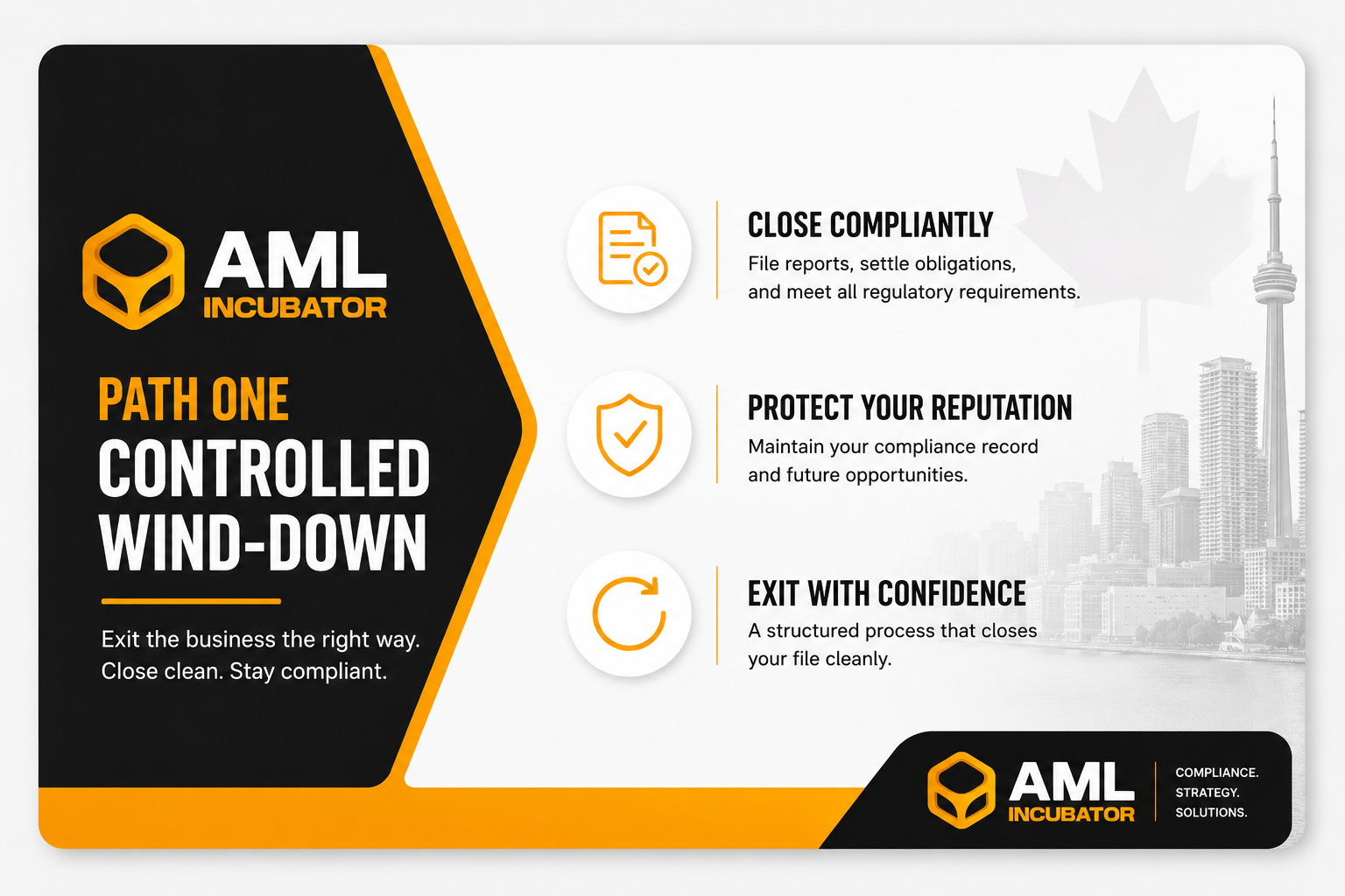 A modern corporate presentation slide with a black, white, and gold color scheme promoting “Path Two: OTC Desk Pivot.” The left side features a bold black panel with large white and gold text reading “OTC Desk Pivot,” alongside a Bitcoin exchange icon in a gold circular badge. Supporting text explains transitioning from crypto ATM operations to an OTC desk with lower risk and sustainable margins. The right side highlights three benefits with minimalist icons: “Lower Risk,” “Lower Costs,” and “New Opportunity.” A faint grayscale Toronto skyline and maple leaf watermark appear in the background. The bottom banner includes the AML Incubator branding and the tagline “Pivot smart. Build for what’s next.”