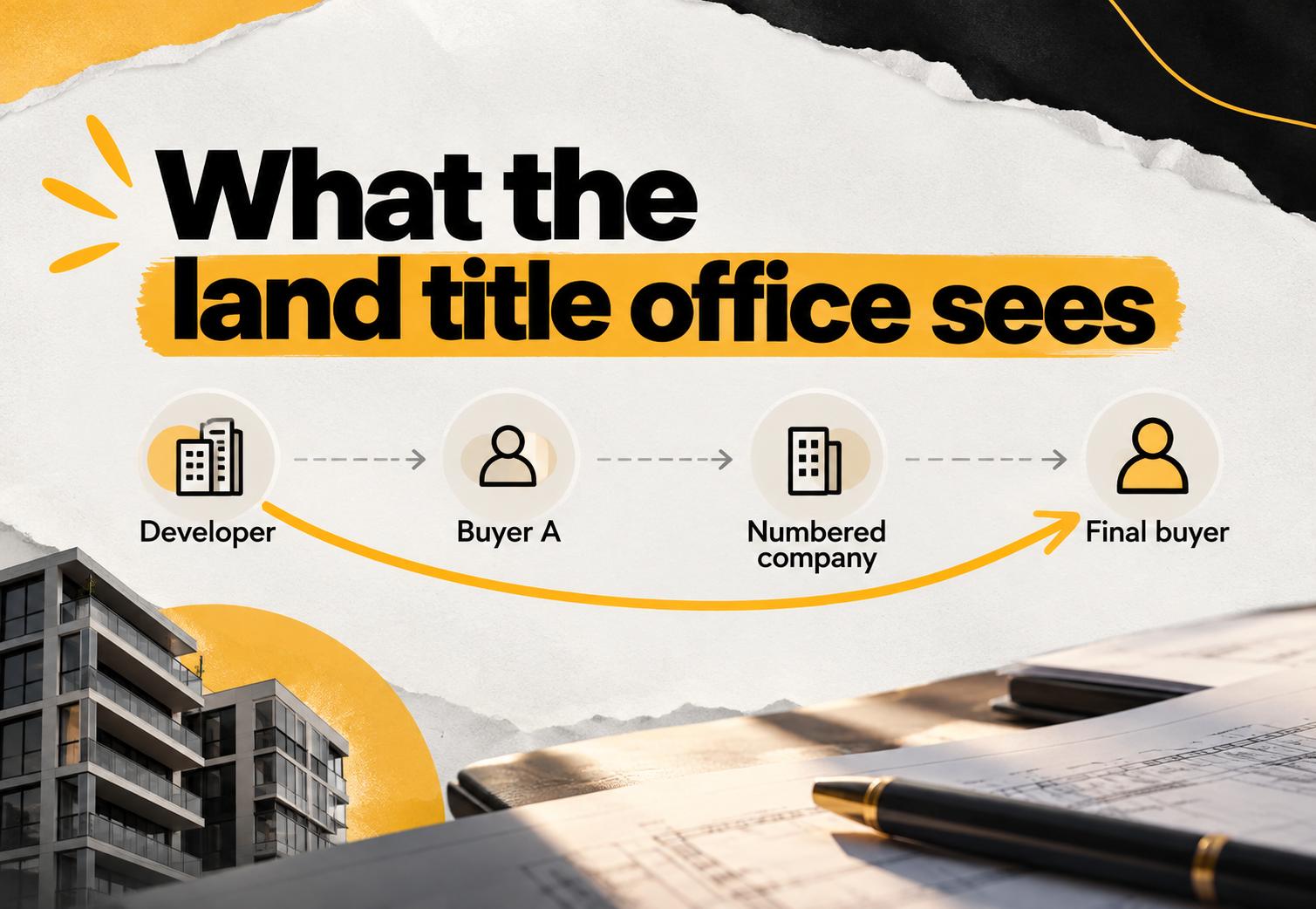 B.C. presale assignment infographic showing what the land title office sees: a direct record from developer to final buyer while intermediate assignments involving Buyer A and a numbered company may not appear, highlighting real estate AML compliance, beneficial ownership and transaction transparency risks in British Columbia.