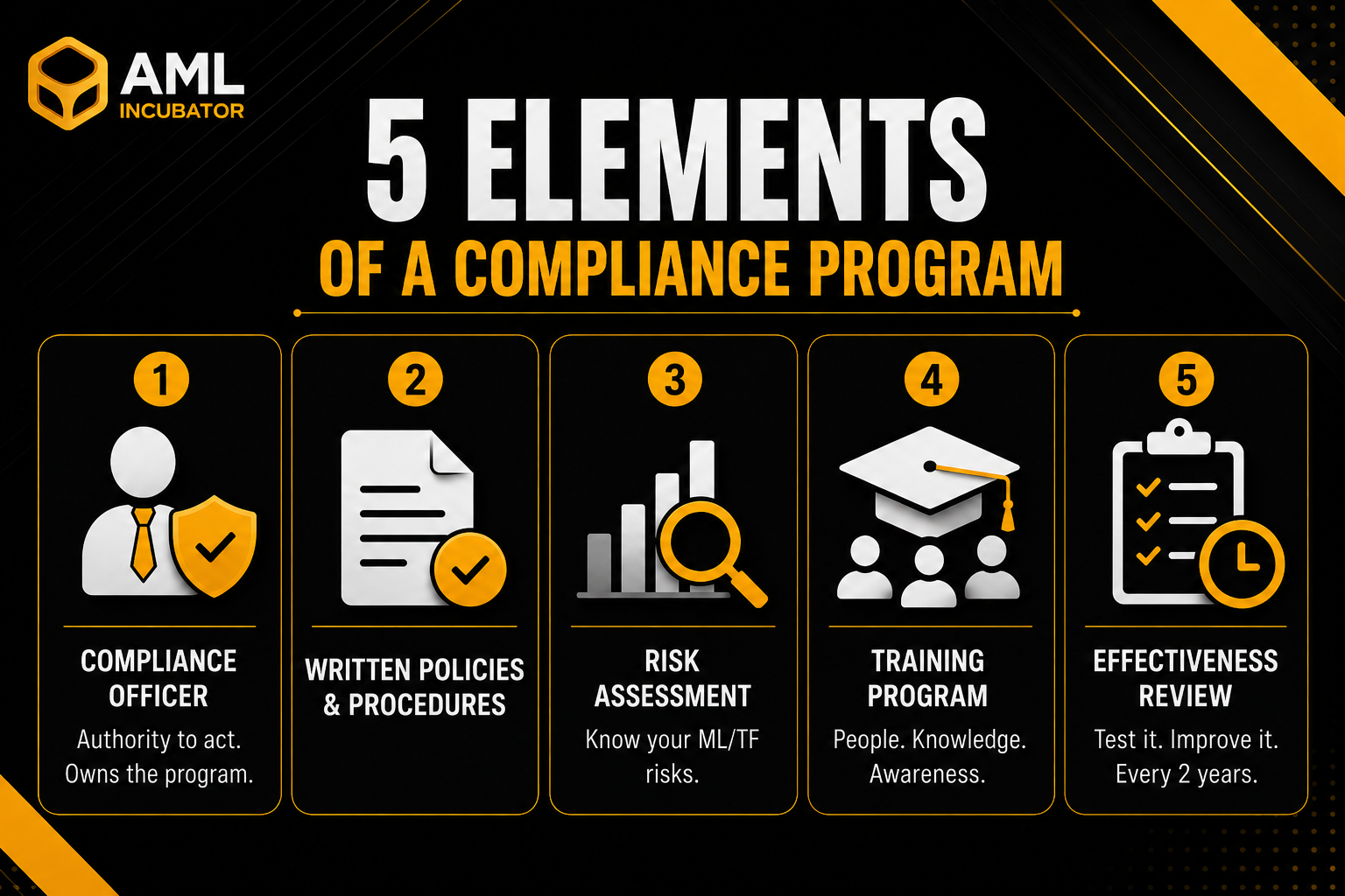 FINTRAC compliance program infographic showing the five essential AML compliance elements: a compliance officer, written policies and procedures, money laundering and terrorist financing risk assessment, employee training program, and two-year effectiveness review for Canadian regulated businesses.