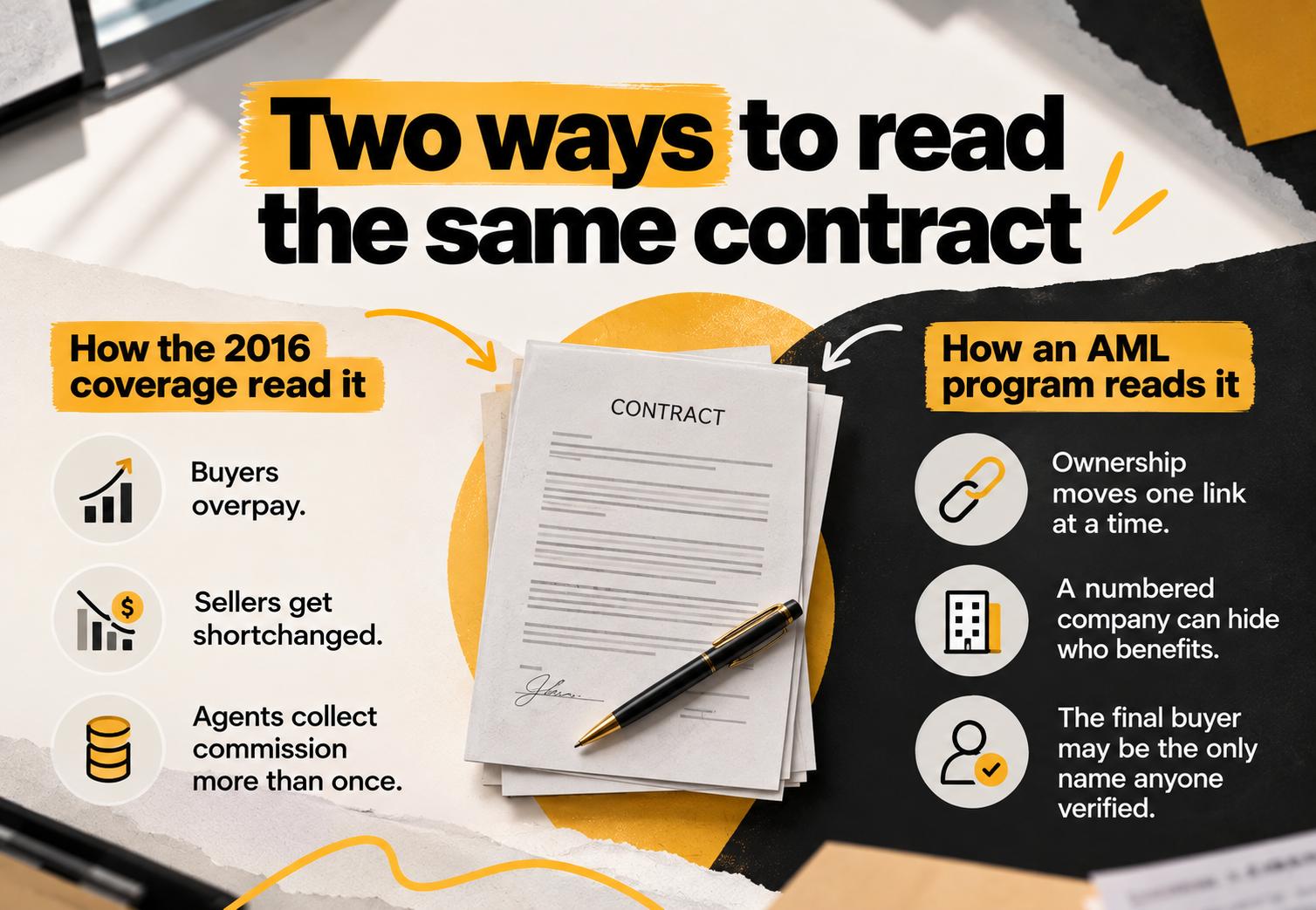 B.C. real estate AML infographic comparing two ways to read a presale assignment contract: 2016 concerns about buyers overpaying, sellers being shortchanged and repeat agent commissions versus AML risks involving ownership transfers, numbered companies, hidden beneficial ownership and limited buyer verification.