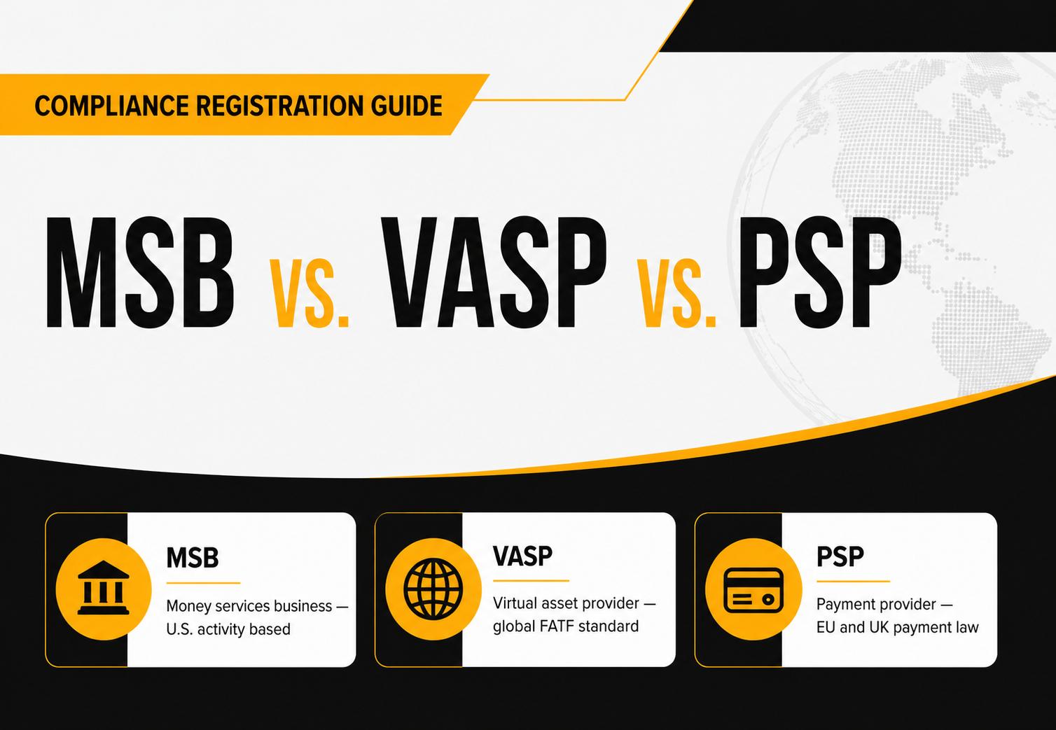 Comparison chart showing the differences between MSB, VASP, and PSP registration categories including jurisdiction, regulator, activities covered, and licensing requirements 