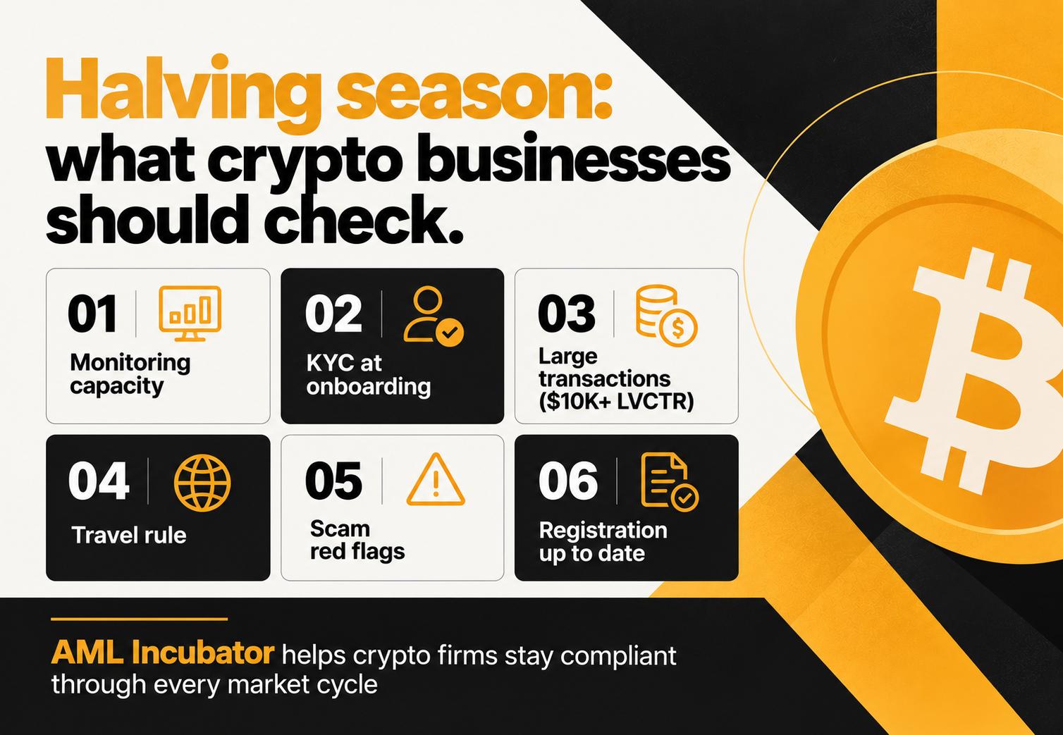 Halving season compliance checklist for crypto businesses: monitoring capacity, KYC, large transaction reports, travel rule, scam red flags and FINTRAC registration