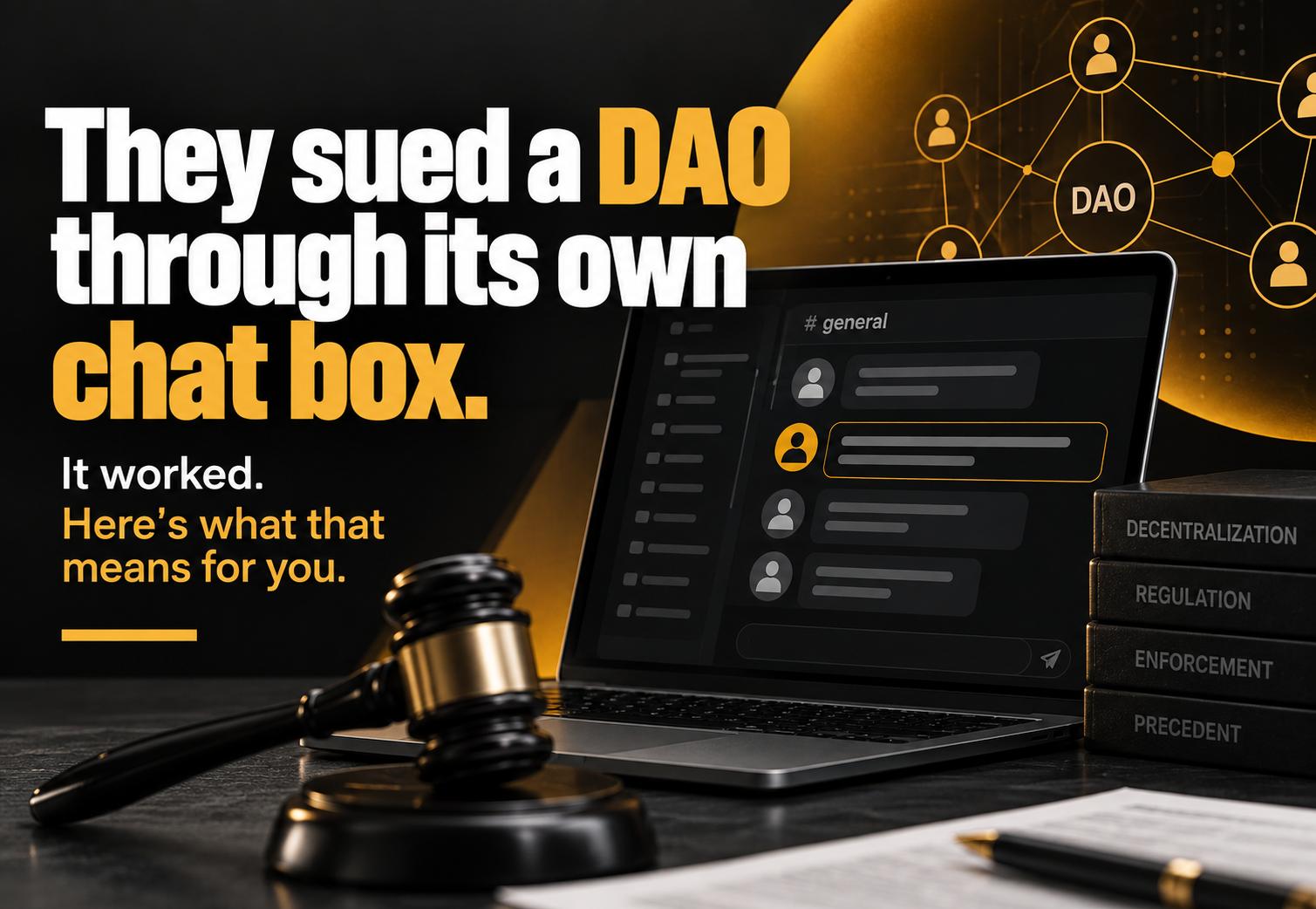 DAO legal enforcement graphic showing a decentralized autonomous organization being served through its own online chat box, illustrating how regulators and courts can pursue DAOs despite decentralized governance and highlighting legal, compliance and crypto enforcement risks.