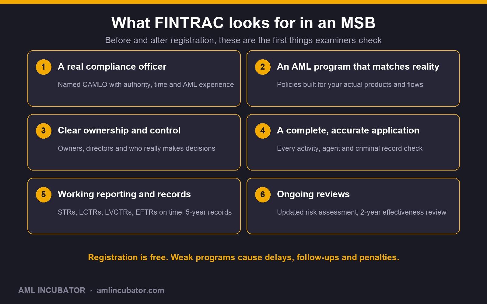 What FINTRAC looks for in an MSB: a real compliance officer, an AML program that matches reality, clear ownership, a complete application, working reporting and records, and ongoing reviews