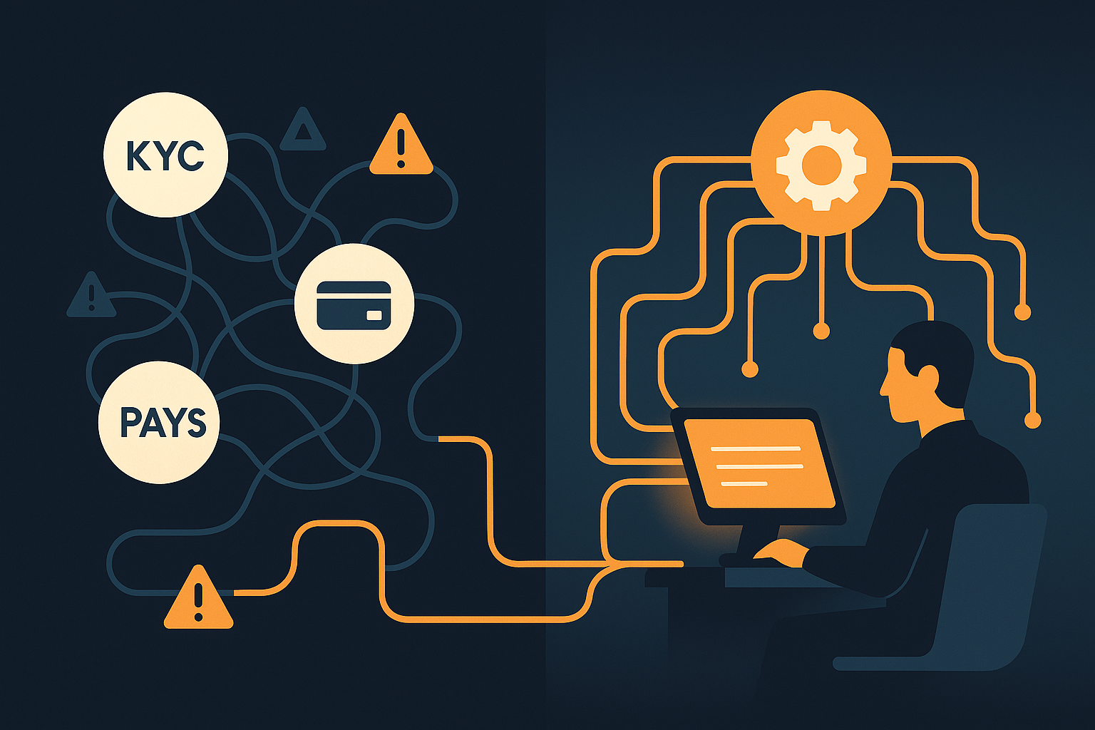 Flat-style digital illustration showing AMLI Tech’s compliance-focused development support, with a split screen: on the left, chaotic, broken financial APIs and KYC system errors; on the right, organized, secure AML-compliant fintech infrastructure with seamless API integrations, audit-ready logs, and fractional CTO oversight. Visual branding in AML Incubator colors emphasizes RegTech, API monitoring, and AML system reliability for Canadian MSBs and fintech startups.